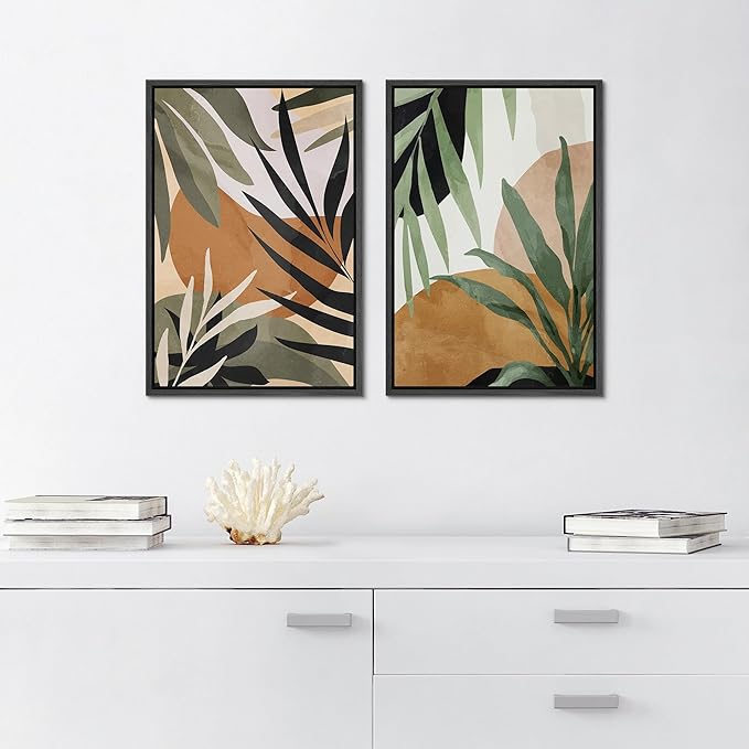 SIGNFORD Framed Canvas Print Wall Art Set Tropical Island Palm Leaf Geometric Collage Abstract Nature Illustrations Modern Art Decorative Minimalist Floral Botanical for Bedroom - 16"x24"x2 Black