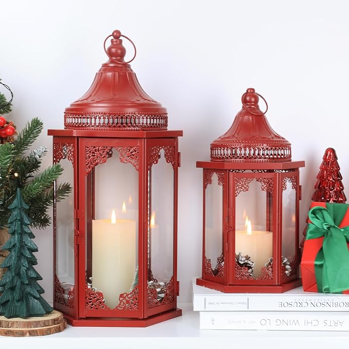 NEEDOMO Christmas Decorations Set of 2, 22''/15'' Christmas Lantern with Glass Panels for Home Decor, Decorative Hanging Lantern Indoor Outdoor for Xmas Table Centerpieces, Porch, Patio(Red)