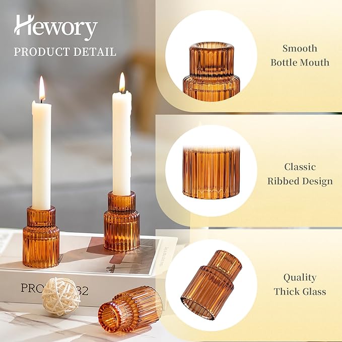 Hewory Glass Taper Candle Holders: 2PCS Amber Elegant Candle Holder Candlestick Holders Bulk, Ribbed Glass Candle Holder Candle Sticks Holder Decor for Table Centerpiece Fall Thanksgiving Home Decor