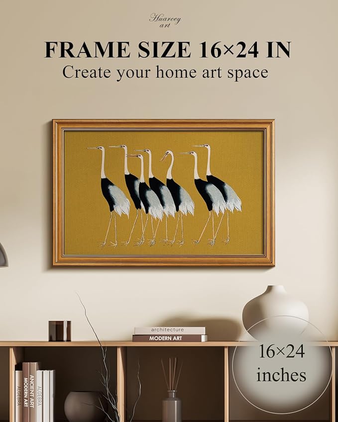 HUARCEY Gold Framed Vintage Wall Art for Living Room, Animals Painting Prints Shelf Decor for Kitchen, Aesthetic Bedroom Wall Art Decor, Christmas Gifts for Friends or Family (Seven Cranes 16"x24")