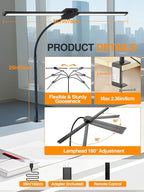 Desk Light with 5 Color+9 Brightness，Desk Lamps for Home Office, 1200 Lumen & 108 LED Desk Lamp, Remote Control+Timer Monitor Light, Clamp Lamp for Desk, Computer, Reading, Study, Workbench