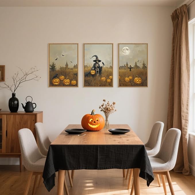 Celestdeco Halloween Ghost Reaper Framed Wall Art Set, Scary Witchy and Pumpkin Wall Decor, Horror Night Wall Painting, Full Moon Bats Art Prints for Living Room,Bedroom,Halloween Themed Party Decoration-16"×24"×3