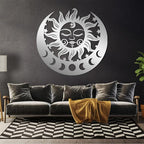 Sun and Moon Metal Wall Decor, Moon Phase Metal Wall Decor, Boho Celestial Wall Art, Celestial Sun Moon Wall Art, Large Sun Face Wall Hanging for Living Room, Outdoor (Gold, 29"x28"/74x70cm)