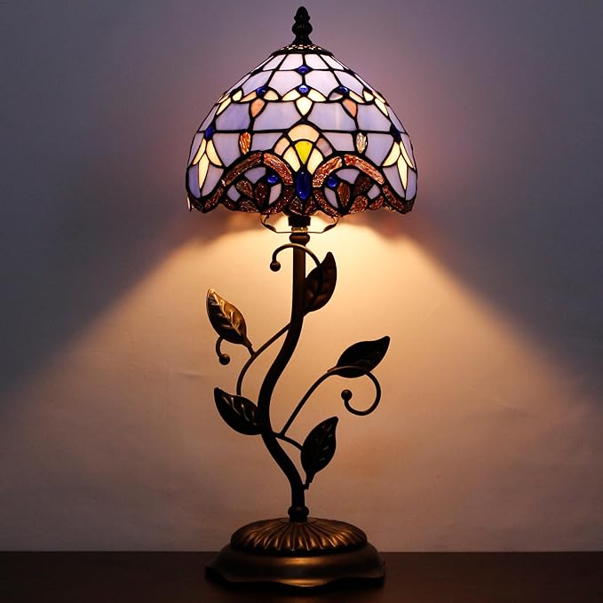 Small Tiffany Lamp Stained Glass Table Lamp Metal Leaf Accent Desk Memory Lamp Sympathy 8X20 Inch (Blue Baroque Style)