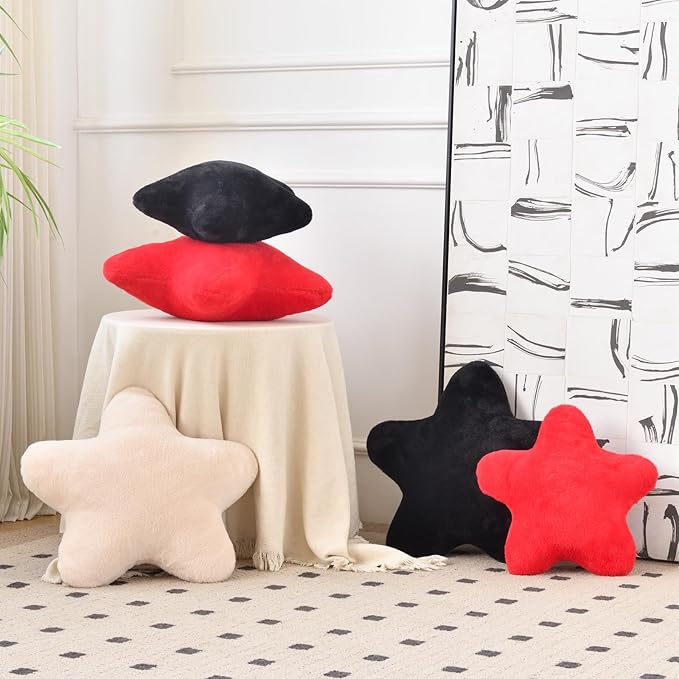 Xiashrk Star Pillow, Decorative Throw Pillows for Bed Couch, 15" Star Shaped Pillow Plush Floor Cushions Room Decor Pillow with Faux Rabbit Fur for Sofa Bedroom Living Room (Black, 15" x 15")
