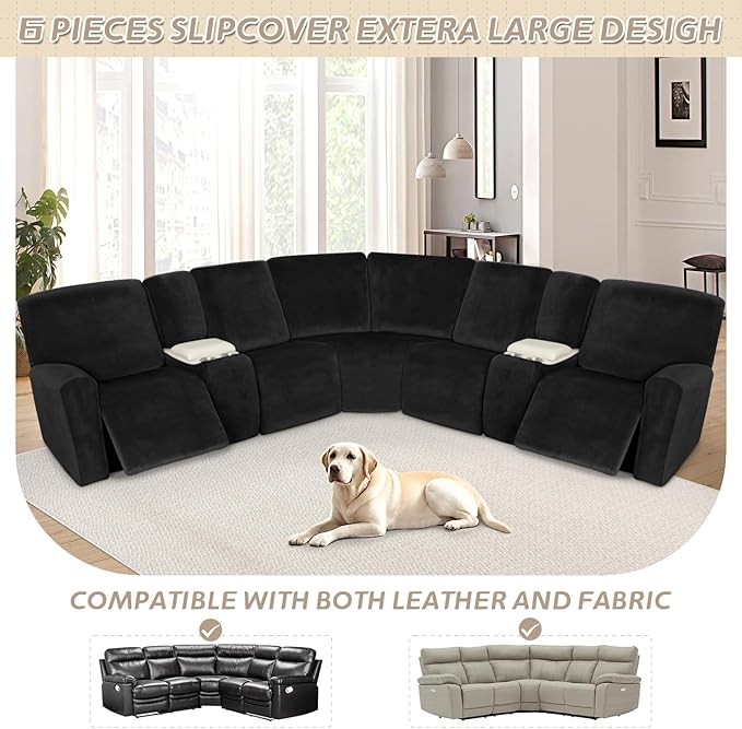 Arfntevss Sectional Recliner Couch Covers Velvet Washable Corner Sectional Sofa Cover for Reclining Couch Stretch Soft Thick L Shape Recliner Slipcover Set (5 Seat with 2 Console Cover, Black)
