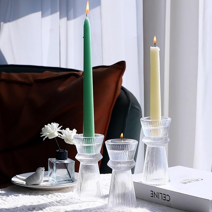 VOHO Clear Ribbed Taper Candle Holders Set of 3, Minimalist Style Glass Candle Holder for Candlesticks and Tealight Candles, Classy Candlestick Holders for Bridal Shower Wedding Decor/Birthday/Holiday