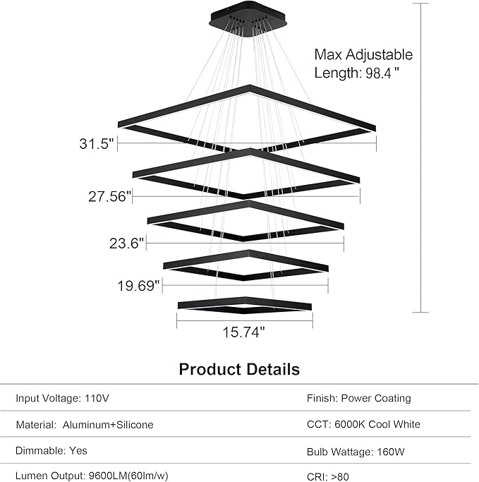 Modern Square Chandelier, LED Ceiling Light Fixture, Contemporary Chandelier Pendant Light for Living Room Entryway Foyer Staircase Bedroom