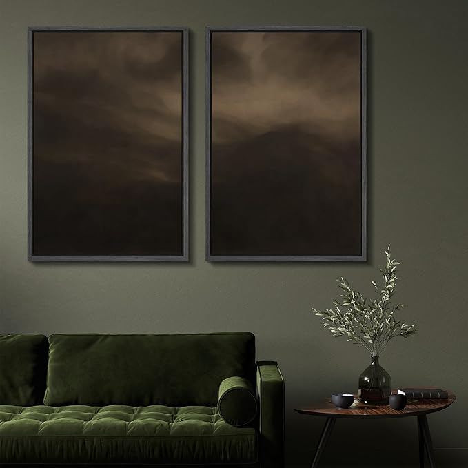 SIGNFORD Framed Canvas Print Wall Art Set Moody Misty Landscape Soft Brown and Gray Hues Illustration Modern Art Decorative Nordic Nature for Living Room, Bedroom, Office - 24"x36"x2 Black