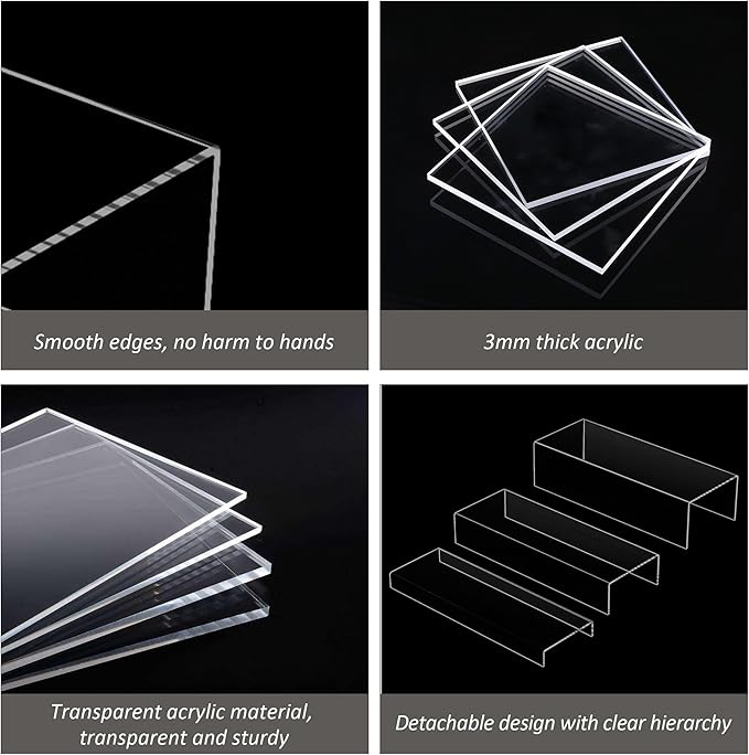 Rectangular Acrylic Display Risers 6pcs, Clear Display Storage Stands, Acrylic Display for Funko Pop Figure, Desserts, Cupcake, Toys, Collectibles, Merchandises- 12-1'', 2'', 3'', 4'', 5'', 6''