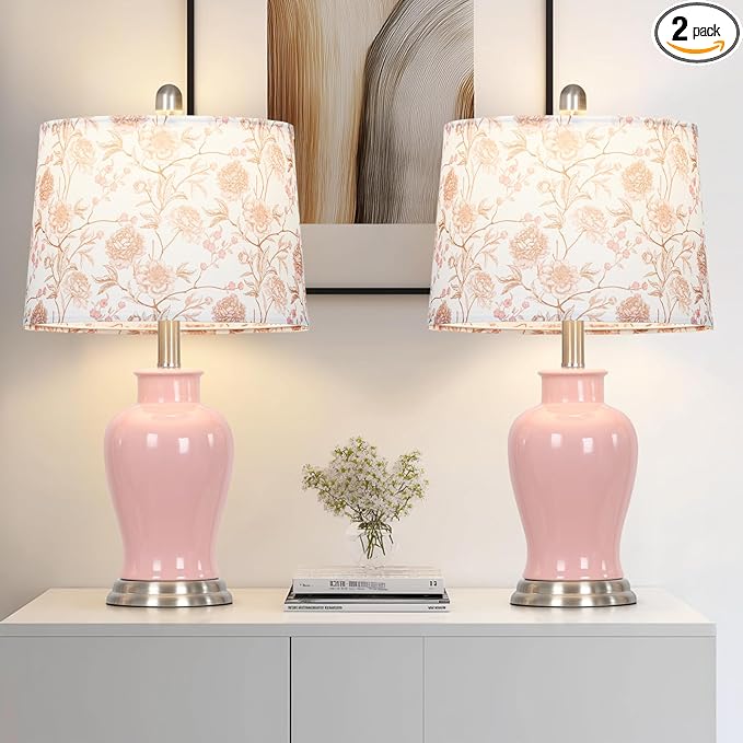 Pink Ceramic Table Lamp with Flower Lampshade, 23" Cute Ceramic Bedside Lamp with Ginger Jar Design, Modern Living Room Lamps Set 2, Elegant Bedroom Lamps for Nightstand Desk Side Home Decor