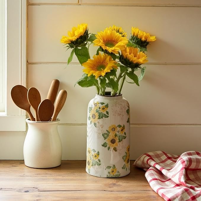 Levvohd Vintage Ceramic Vase, 10.6 Inch Chinoiserie Sunflower Yellow Floral Vases, Retro Ice Cracked Rustic Antique Flower Vases for Modern Room Bathroom Shelf Home Decor (Large Cylinder)