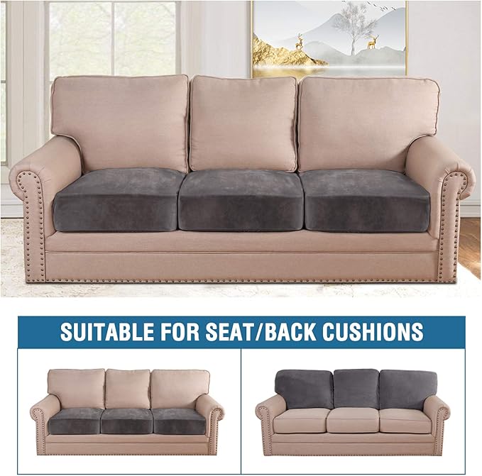 H.VERSAILTEX Velvet Stretch Couch Cushion Cover Plush Cushion Slipcover for Chair Loveseat Sofa Cushion Furniture Protector Seat Cushion Sofa Cover (3 Piece Sofa Cushion Covers, Grey)
