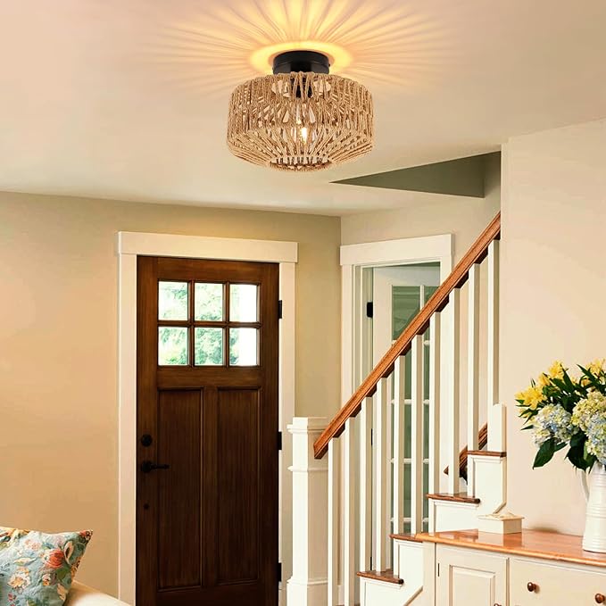 Boho Light Fixtures Ceiling Mount, Mini Boho Rattan Chandelier, Woven Flush Mount Ceiling Light Fixture for Hallway Bedroom Kitchen Entryway Living Room Nursery