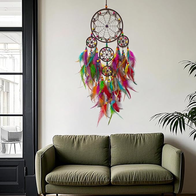 Large Dream Catcher Wall Decor Colorful Dream Catchers with Wooden Bead Handmade Feather Dreamcatcher Wall Hanging Ornament for Bedroom Living Room Home Decor