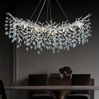 Modern Crystal Silver Chandelier, 55" Large Rectangular Oval Tree Branch Crystal Chandeliers for Dining Room,16-Light Flush Mount K9 Crystal Chandeliers, for Kitchen Island,Dining Room