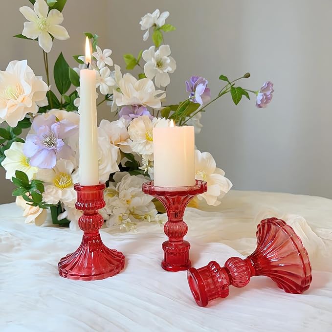 Glass Candlestick Holder,Striped Taper Candle Holders,Set of 6 Candle Stand for Table Centerpieces, Home Decor,Weddings,Festival and Parties (Red Stripe Pattern)