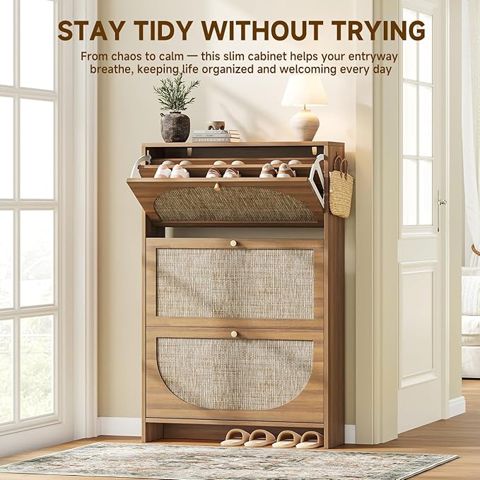 Nicetree Freestanding Ultra Slim Fluted Accent Shoe Storage Cabinet for Entryway - 3 Flip Drawers & 3-Tier Adjustable Shelves, Farmhouse Modern Rustic Shoe Rack for Hallway, Foyer