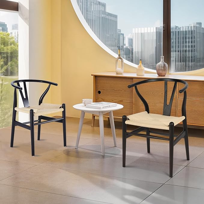 Wishbone Chair Natural Solid Wood Dining Chair/Hans Vegner Y Chair Rattan and Wood Accent Armrest Chairs (Ash Wood - Black + Natural Cord)
