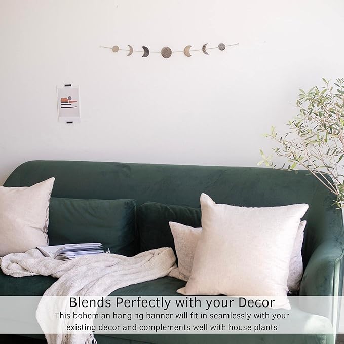 BASE ROOTS Moon Phase, Silver Wall Decor for Bedroom & Living Room, Bohemian Wall Decor, Handmade Hammered Metal 34" 7 Phases Moon, Celestial Wall Art, Gift for Women & Kids