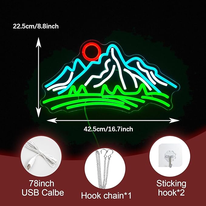 Mountain Neon Sign for Wall Decor Dimmable Landscape Neon Light with USB Powered Sunrise and Sunset Led Light Up Sign for Bedroom Living Room Hotel Decor(16.7 * 8.7In)