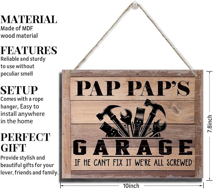 Rustic Sign, Father's Day Gift, Dad's Gift, Grandpa's Gift, Decor Hanging Wood Signs, Printed Wood Wall Art Sign, Pap Pap's Garage, If He Can't Fix It We're All Screwed, Vintage Sign Gift for Grandpa