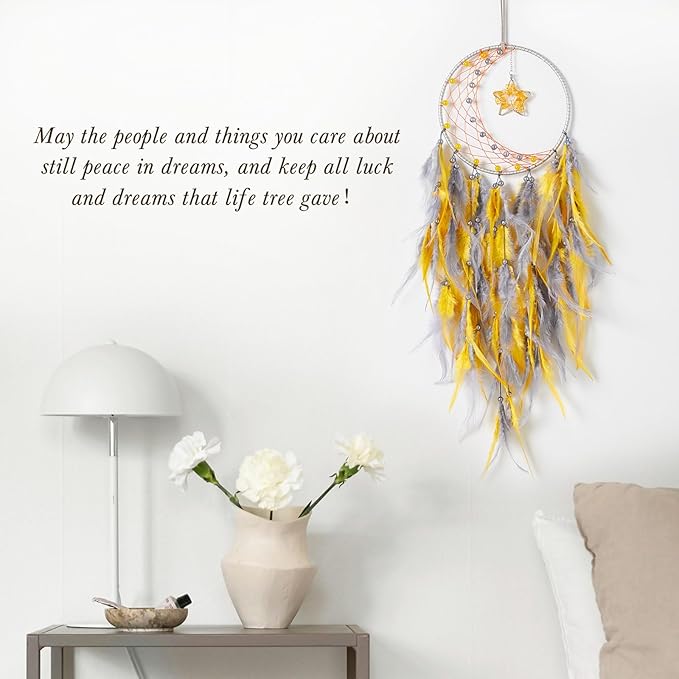 Dreamlike Moon Dream Catchers Wall Decor Crescent Dream Catcher with Crystal Stone Star Shaped Tree of Life Pendant Handmade Yellow Feather Dreamcatchers Wall Hanging for Girls Bedroom Wedding Gift