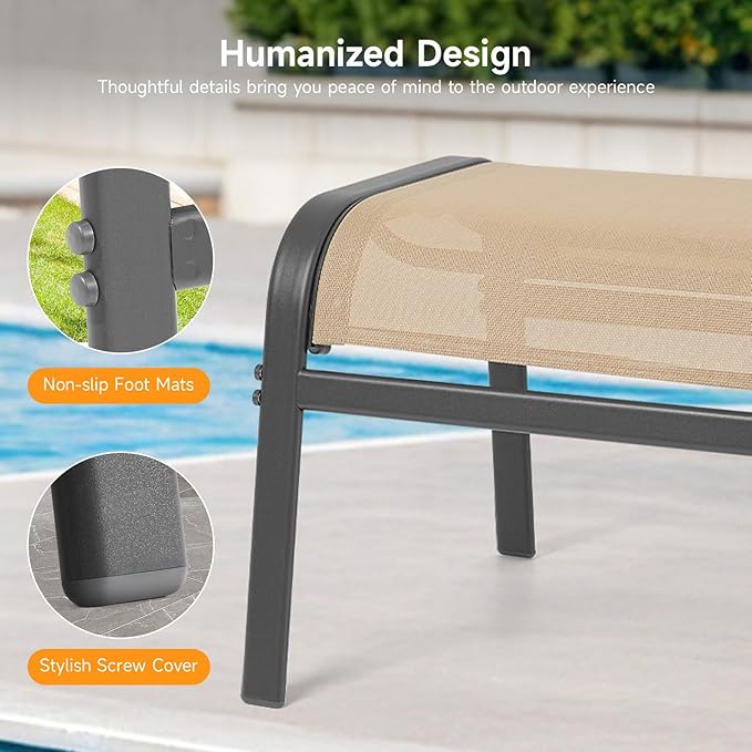 Outdoor Ottoman Set of 2, All Weather Outdoor Foot Stool with Supportive Textliene and Metal Frame, Stackable Oversized Outdoor Foot Rest for Furniture Patio Garden Pool, Beige