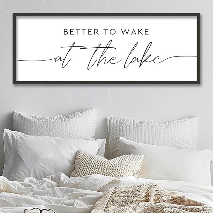 SRSZHIYUE Better To Wake At The Lake Wall Decor Above Bed Sign 40"×15" for Lake House Bedroom Over Bed Large Wood Framed Wall Hanging Art (Black)