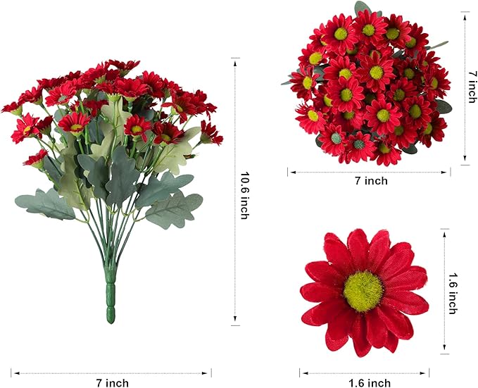 Daisy Artificial Flowers for Outdoors Fall Autumn Decoration, 6 Bundles Fake Mums Red Silk Flowers for Outside Look Real UV Resistant Fake Plants Faux Flowers for Planter Front Door Home Indoor Porch