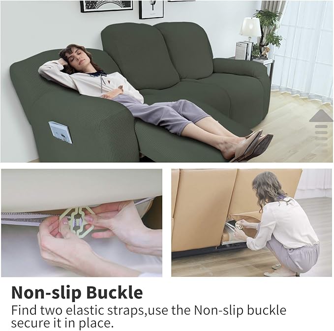 Easy-Going 8 Pieces Recliner Sofa Stretch Sofa Slipcover Sofa Cover Furniture Protector Couch Soft with Elastic Bottom Kids, Spandex Jacquard Fabric Small Checks Olive Green