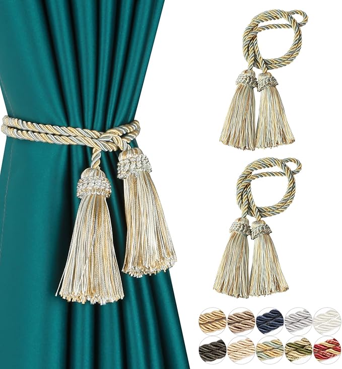 Fenghuangwu Curtain Tiebacks Handmade Decorative Curtain Holdbacks Rope with Tassel (Mix Blue, 2P)