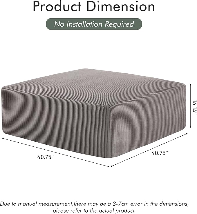 40" Square Stuffed Ottoman Pouf for Sofa Couch, Corduroy Poufs with Foam Chunk Filling, Furry & Fluffy Foot Stool Movable Ottoman. 40 * 40 Floor Poufs Foot Rest for Living Room, Grey