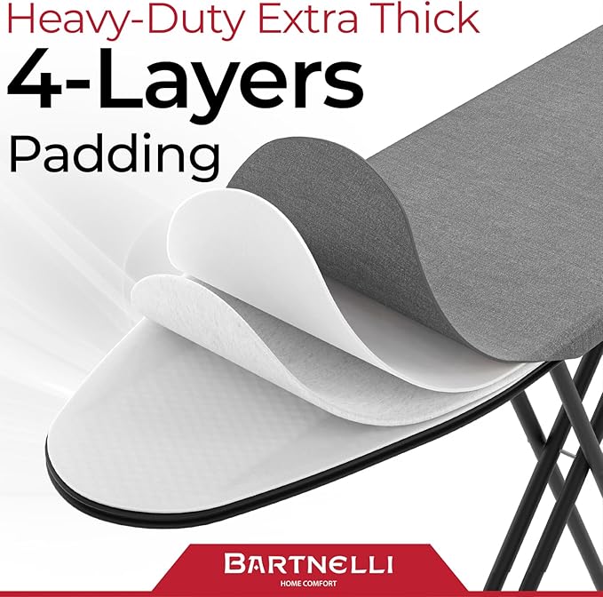 Bartnelli Ironing Board Made in Europe | Iron Board with 4 Layered Cover & Pad, Height Adjustable up to 36" Features A Safety Iron Rest, 4 Steel Legs, for Home Laundry Room or Dorm Use (43x14)