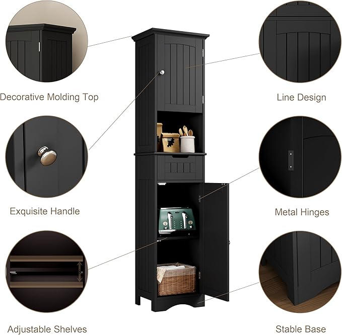 ChooChoo 67" Tall Bathroom Storage Cabinet Freestanding with Adjustable Shelves, Narrow Storage Linen Cabinet with 2 Doors and 1 Drawers for Bathroom, Living Room, Kitchen, Black