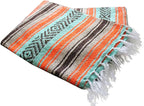 Del Mex Classic Mexican Blanket, Large Authentic Woven Falsa Throw (70"x50"), Artisan Southwest Décor for Beach, Yoga, Outdoors (Mint/Tan/Orange)