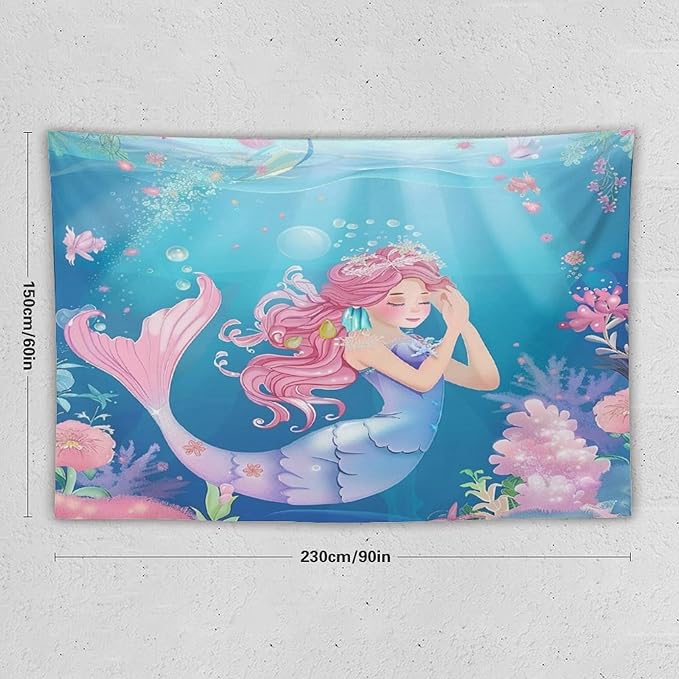 HZOHNAGO Mermaid Girls Tapestry Watercolor Flowers Mermaid Princess Blessing Pattern for Kids Room Decoration Printed Wall Tapestry Wall Hanging for Bedroom Living Room Dorm 90" W x 60" H