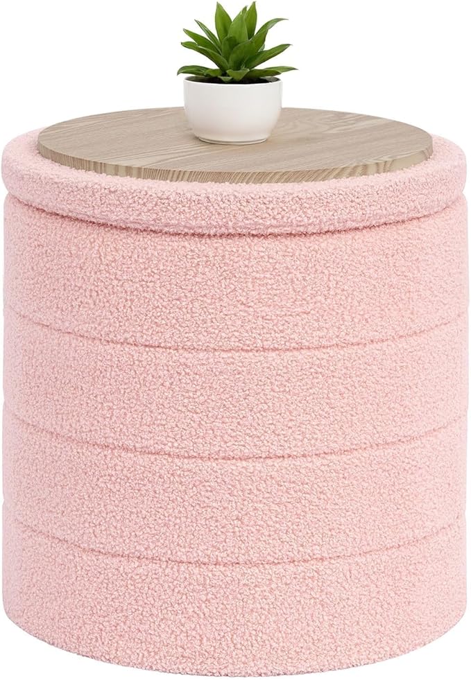 B FSOBEIIALEO Ottoman with Stroage, Round Sherpa Storage Ottoman Stool, Boucle Foot Rest 16.9"x16.9"x17.7"（Pink