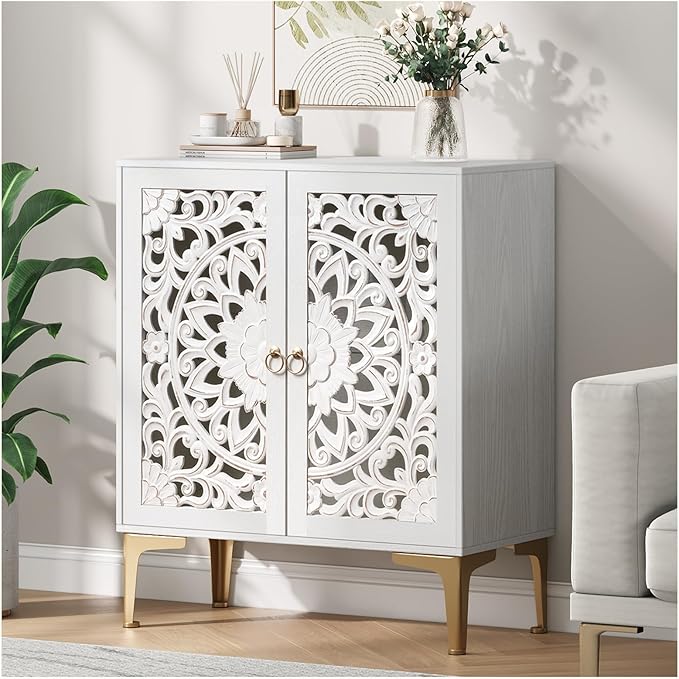 Accent Cabinet with Doors,Storage Cabinet with Gold Legs and Adjustable Shelf, Sideboard Buffet for Living Room,Entryway,Dining Room,Bedroom,White