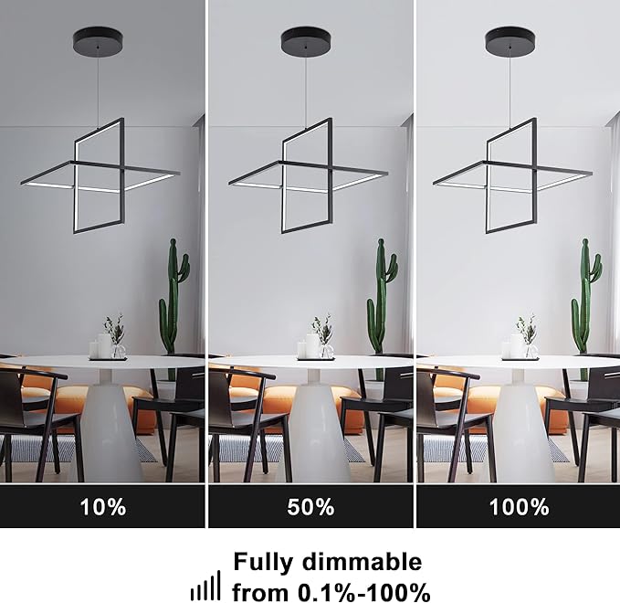 Modern LED Chandelier - Square Pendant Light, Contemporary Style, Dimmable for Living, Dining, Bedroom, Kitchen, Study Room - 65W, 6000K Cool Light (Black)