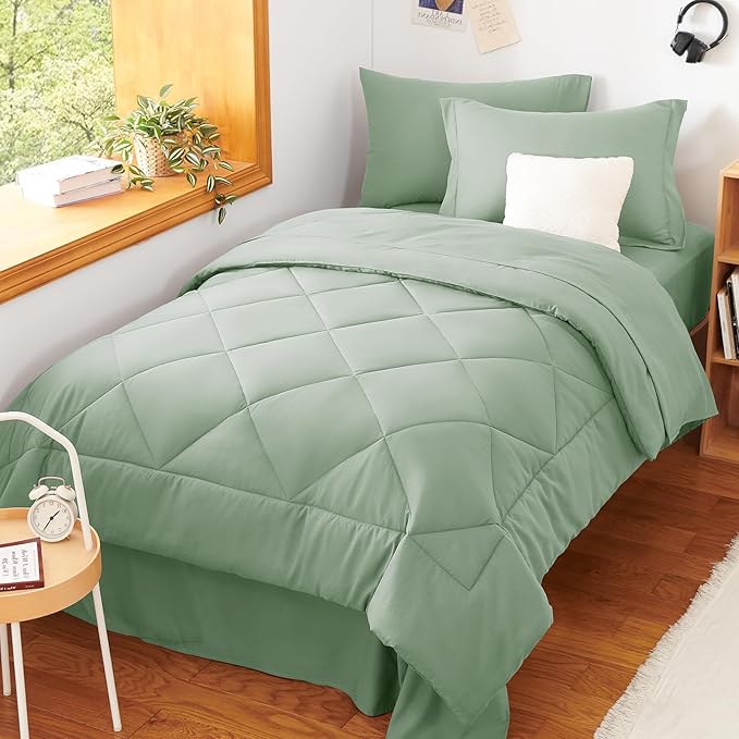 CozyLux Twin Comforter Set with Sheets Sage Green - 5 Pieces Bed in a Bag Twin, All Season Bed Set for Girls and Boys, Bedding Set with Down Alternative Comforter, Sheets, Pillowcase & Sham