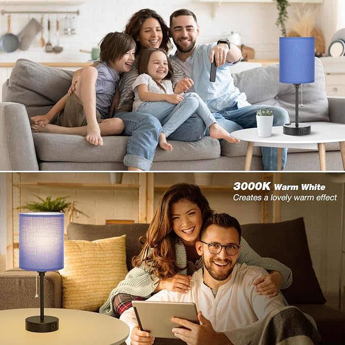 Blue Table Lamps 3 Color Temperatures - 3000K 4000K 5000K Bedside Lamps with USB C and A Ports, Pull Chain Lamps for Bedrooms with AC Outlet, Nightstand Lamps with Black Metal Base for Kids Boys