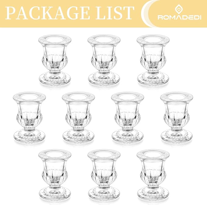 Romadedi Glass Taper Candle Holders - Set of 10 Clear Small Candlestick Holder Bulk, Thicker Glass Candle Sticks Set for Wedding Christmas Party Dining Table Table Centerpiece Decor