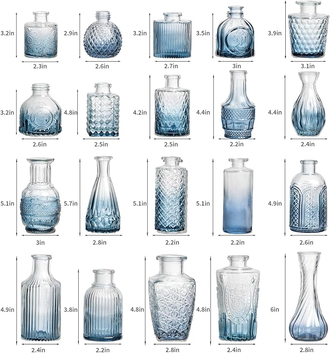 Glass Bud Vase Set of 20 - Small Vases for Flowers in Bulk - Assorted Vintage Crystal Vases for Flowers, Table Centerpieces (Blue, 20 Pcs)