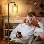 Floor Lamps for Living Room - Standing Lamp with Amber Glass Shade, Modern Floor Lamp with LED Bulbs, Industrial Floor Lamp for Bedroom, Black Tall Lamp for Office(Light Bulb Included)