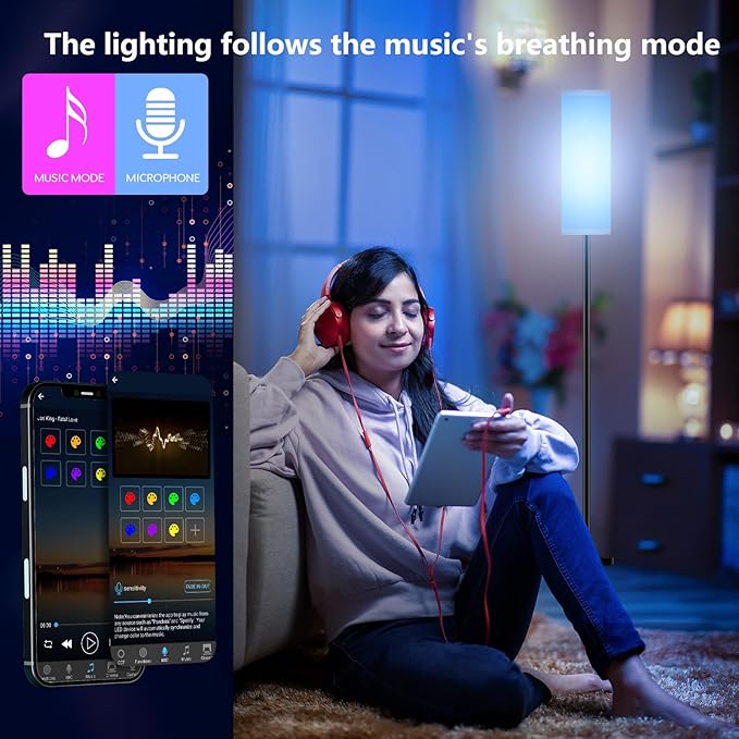 Smart LED Floor Lamp with APP Control & RGB Colors - Dimmable Standing Lamp for Living Room, Bedroom, Gaming - Remote, Timer, 9W Bulb Included, 67" Modern Tall Lamp (White)