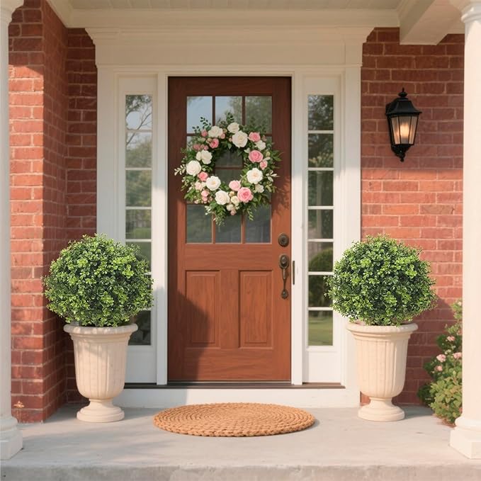 Set of 2 Artificial Boxwood Topiary Ball Trees for Outdoor with Ground Spike 29.5", UV Resistant Faux Greenery Shrubs, Fake Plants for Garden, Porch, Patio Valentine's Day Decor