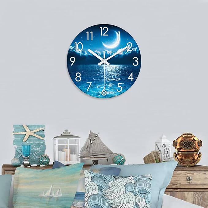XFM Blue Wall Clock 24 Inch Large Round Silent Non-Ticking Battery Operated Wall Clocks Glass Moon Ocean View Decorative Clock for Kitchen Living Room Home Office