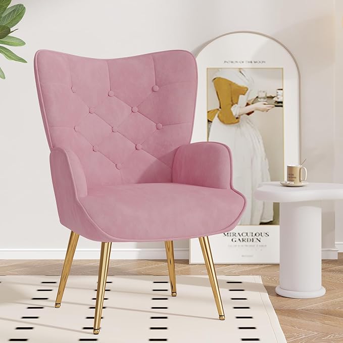 Nalupatio Mid Century Modern Accent Chair, Velvet Upholstered Armchair with Metal Legs, Tufted Button Wingback Side Chair, High Back Reading Chair for Living Room Bedroom, Pink