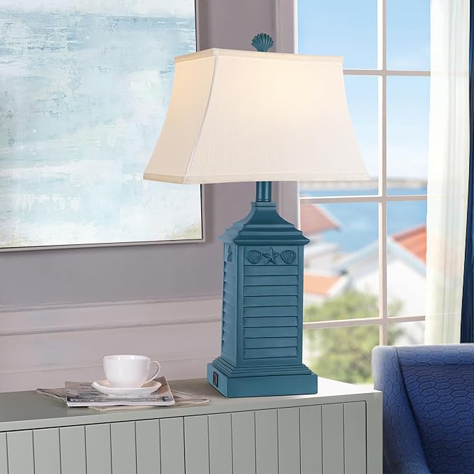 Set of 2 Table Lamps for Living Room Bedrooms, Coastal Nautical Navy Blue Bedside Nightstand Lamp with 2 USB Ports 1 AC Outlet, 3-Color Temperature Farmhouse Beach End Tables Lamp with LED Bulbs